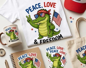 independence Day Patriotic Gator PNG, Peace Love Freedom, 4th July Alligator Clipart (Digital Download)
