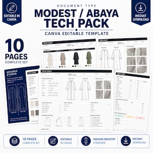 Op de afbeelding: Een 10-pagina tellend digitaal tech pack-sjabloon voor een bescheiden abaya, met technische schetsen, kledingbeschrijvingen, maattabellen, stofsamenstellingen en constructievolgordes in een strakke, professionele lay-out.