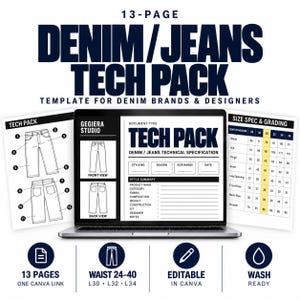 Denim Jeans Tech Pack Template Canva, Editable Garment Spec Sheet, 10 Page Production Tech Pack for Clothing Manufacturing, Instant Download