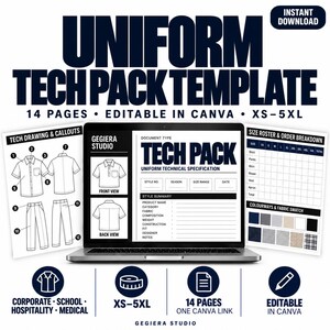 Könnte beinhalten: Eine digitale Uniform-Tech-Pack-Vorlage mit 14 bearbeitbaren Seiten für Canva. Das Display zeigt einen Laptop-Bildschirm mit einem technischen Spezifikationslayout, flankiert von einer technischen Zeichnungsseite und einer Größentabelle in Schwarz-Weiß.
