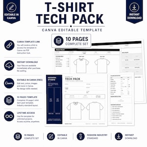 Pode incluir: Um modelo de ficha técnica de camiseta de 10 páginas projetado para o Canva, apresentando layouts de especificações técnicas com desenhos de linha da frente e das costas de uma camiseta, especificações de costura e listas de verificação.