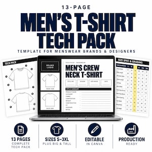Puede incluir: Una plantilla de ficha técnica de 13 páginas para una camiseta de cuello redondo mostrada en una pantalla de portátil. El documento digital incluye un resumen de estilo, bocetos técnicos frontales y traseros, y una tabla de tallas y medidas.