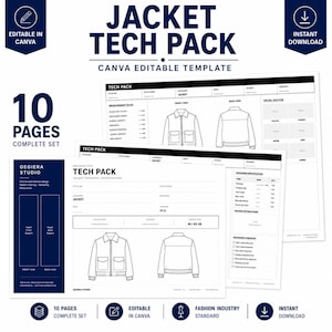 May include: A 10-page jacket tech pack template for Canva, featuring technical specification sheets with front and back jacket illustrations, measurement charts, packaging checklists, and folding instructions in a professional, clean layout.