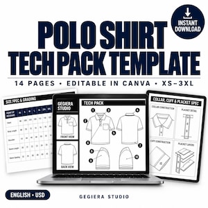 May include: A digital polo shirt tech pack template featuring 14 pages editable in Canva for sizes XS-3XL. The display shows a laptop screen with technical sketches, a size specification chart, and detailed collar, cuff, and placket diagrams.