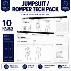 May include: A 10-page jumpsuit and romper tech pack template for Canva, featuring technical specification documents with front and back view line drawings, measurement charts, packaging specifications, and checklists for fashion design production.