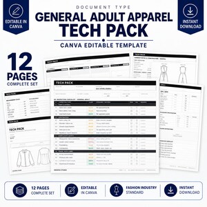 Könnte beinhalten: Eine 12-seitige digitale Tech-Pack-Vorlage für Erwachsenenbekleidung, bestehend aus bearbeitbaren Canva-Dokumenten mit technischen Spezifikationen, Maßtabelle, Details zur Kleidungsstückkonstruktion und einer Qualitätskontroll-Checkliste.