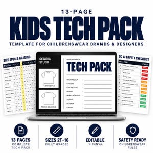 May include: A 13-page kids tech pack template for childrenswear brands and designers displayed on a laptop screen. The digital document includes size spec and grading charts, a tech pack cover page, and a QC and safety checklist for apparel.
