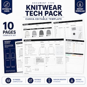Puede incluir: Una plantilla de ficha técnica de prendas de punto de 10 páginas para diseño de moda, con diseños editables en Canva que incluyen bocetos técnicos, descripciones de prendas, listas de materiales y listas de control de calidad. Los documentos incluyen diagramas de vistas frontales y traseras, tablas de medidas y especificaciones de tela para la producción profesional de ropa.