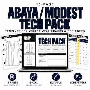 May include: A 13-page Abaya and modest wear tech pack template for designers. The digital document displays technical specifications, size grading charts with measurements in inches, and front and back garment sketches on a laptop screen.