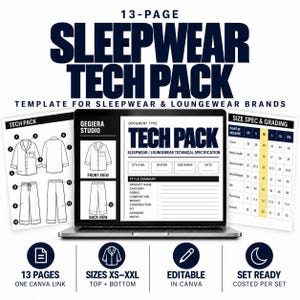 May include: A 13-page sleepwear tech pack template for loungewear brands displayed on a laptop screen. The document includes technical specifications, front and back views of pajamas, and a size spec and grading chart for sizes XS through XXL.