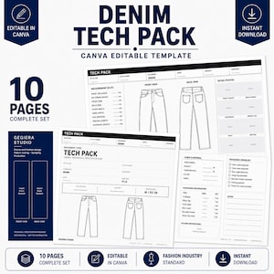 May include: A 10-page digital denim tech pack template for Canva, featuring technical sketches of jeans with front and back views, measurement charts, fabric specifications, and packaging checklists for fashion design and production documentation.