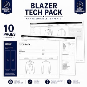 May include: A 10-page Blazer Tech Pack template for Canva, featuring technical specification documents with front and back blazer sketches, stitching specs, packaging checklists, and folding instructions in a clean, professional black and white layout.