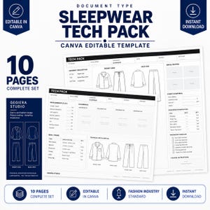 May include: A 10-page sleepwear tech pack template for Canva, featuring technical sketches of a button-down pyjama set with front and back views, measurement charts, bill of materials, colourways, and packaging specifications for fashion design.