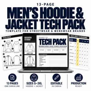 Puede incluir: Una plantilla de paquete técnico digital de 13 páginas para sudaderas con capucha y chaquetas mostrada en una pantalla de portátil. El documento incluye bocetos técnicos, vistas frontales y traseras, y una tabla de tallas con medidas en centímetros para S-3XL.