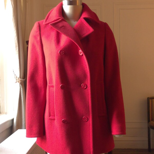 70s Bright Red Wool Pea Coat