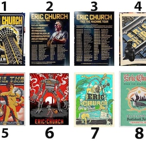 以下が含まれることがあります： 「Eric Church」と「Free the Machine Tour」の8枚のコンサートポスターのコレクション。ポスターには、タワー、カラス、ロボット、ダイバーなど、さまざまなデザインが示されています。各ポスターには、ユニークなアートワークとツアーの詳細が記載されています。