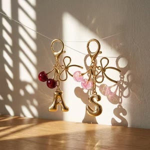 Op de afbeelding: Twee goudkleurige sleutelhangers met de letters "A" en "S". Elke sleutelhanger heeft een decoratief kersencluster en een karabijnhaak. Eén kersencluster heeft rode kersen, de andere roze. De sleutelhangers hangen tegen een neutrale achtergrond.