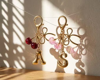 Cherry Bag Charm with Custom Gold Initial, Coquette Bow Acrylic Keychain, Personalized Aesthetic Purse Accessory, Gift for Bestie or Her