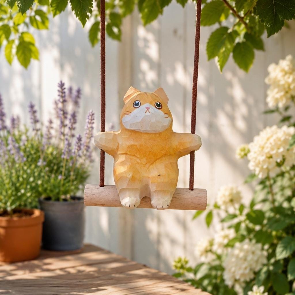 Wooden Hand-carved Cat Swing Car Hanging Ornament,japanese Style