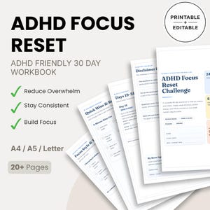 Cahier d'exercices de réinitialisation de la concentration sur le TDAH | Planificateur de défis de 30 jours | PDF et HTML imprimables et modifiables | A4 A5 Lettre