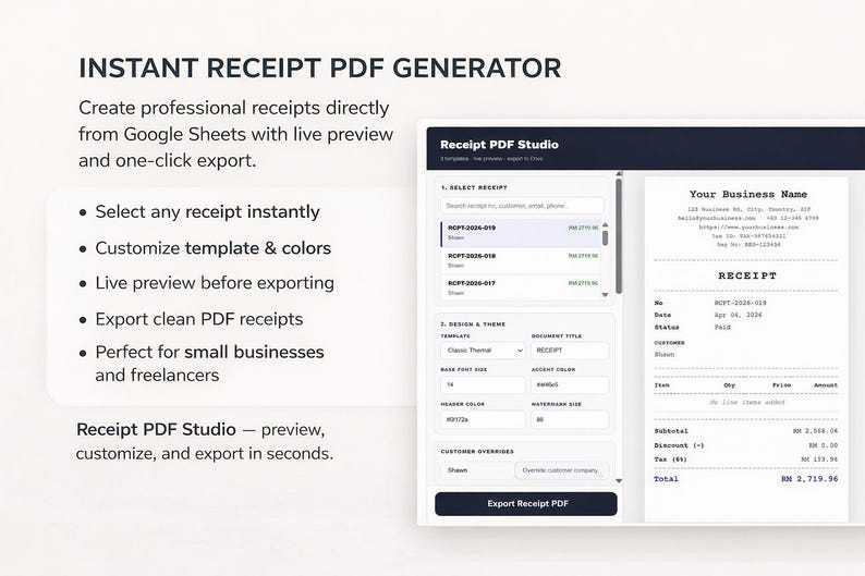 Google Sheets Receipt Generator Template | Automated Sales Tracker ...