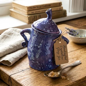 May include: A handcrafted crystalline glaze jar in shades of blue and purple, with a lid and two handles. The jar has a textured, speckled appearance. A tag reads "Handcrafted Crystalline Glaze Jar". A spoon holds brown sugar.