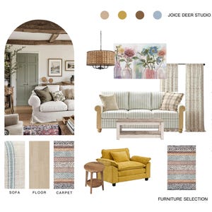 May include: Interior design mood board with a living room theme. Includes a sofa, side chair, coffee table, rug, and curtains. The color palette features neutral tones with pops of yellow and blue. The text "JOICE DEER STUDIO" is visible.