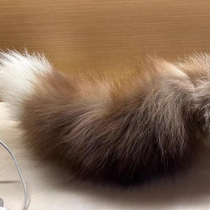 Puede incluir: Una cola de piel suave, principalmente marrón con una punta blanca. La piel es gruesa y parece suave al tacto. Los colores de la cola pasan de un marrón claro a un tono más oscuro, creando un degradado natural. El artículo es probablemente una pieza decorativa.