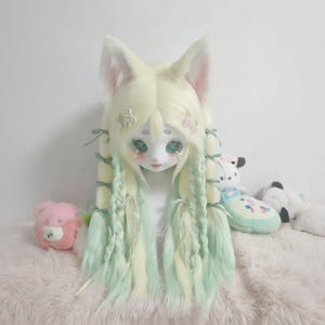 Pastel Green Mint Furry Fursuit Head , KIG Style Kemono Animal Mask , Handmade Plush Cosplay Headpiece , Cute Furry Convention Costume
