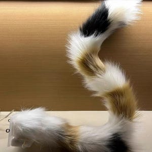 Puede incluir: Una cola de gato de piel sintética, en blanco, negro y marrón claro. La cola es curva y tiene una apariencia realista. Es un accesorio de disfraz.