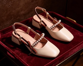 Customized insoles，Beige Pearl Slingback Block Heels, Retro Square Toe Mary Jane Shoes for Bridesmaid  Daily Wear