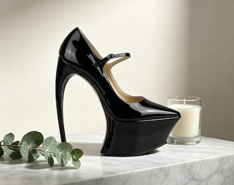 Customized insoles，Black Patent Leather Extreme Heel Platform Pumps, Mary Jane Style Stilettos for Events  Cosplay