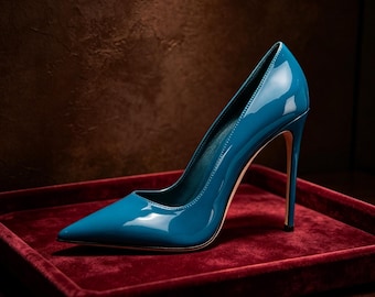Customized insoles，Teal Patent Leather Stiletto Pumps, Elegant Pointed Toe High Heels, Formal Wedding  Valentine’s Day Shoes for Women