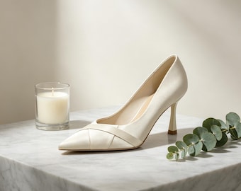 Customized insoles，Ivory Satin Pointed Toe Pumps, Cross-Strap Bridal Heels, Elegant Mid-Heel Wedding Shoes for Brides  Formal Events