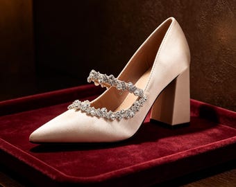 Customized insoles，Champagne Satin Rhinestone Block Heels - Pointed Toe Wedding Shoes, Bridal Heels with Crystal Straps for Brides  Events