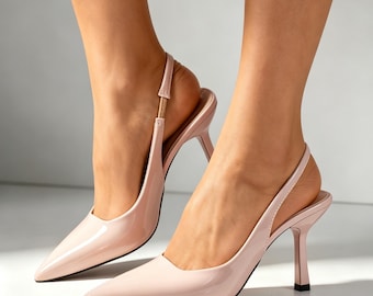 Wkładki na zamówienie, jasnoróżowe lakierowane szpilki z odkrytym palcem | Szpiczaste czółenka typu mule | Buty ślubne na wesele i inne okazje
