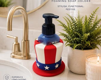 Patriotic Foaming Soap Holder | Red White Blue Uncle Sam Hat Decor