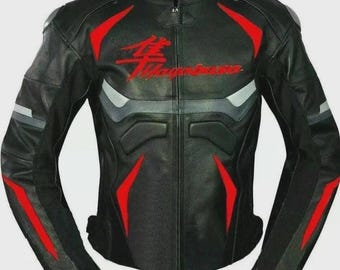 Suzuki Hayabusa Racing Biker Motorcycle Leather Jacket Cafe Riding Leather Coat