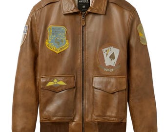 Avirex A2 Vintage Flight Leather Jacket, Bomber Jacket Distressed Brown Aviator Pilot, Military Style