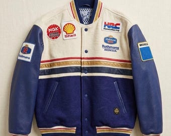 Honda Rothmans Leather Sleeve Racing Varsity Jacket, Biker Streetwear Coat