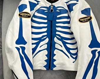 Vanson Skeleton Biker Jacket, Genuine Cowhide Leather , Moto Outerwear, Retro Racing Style Jacket.