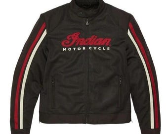 Indian Motorcycle Black Mesh Racing Stripe Motorcycle Jacket, Summer Breathable Rider with Protective Gear