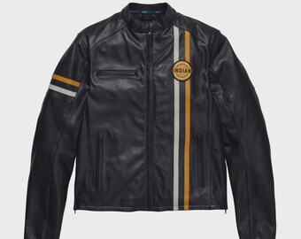 Indian Motorcycle Black Leather Racing Jacket with Stripe Detail | Men’s Biker Racer Jacket.