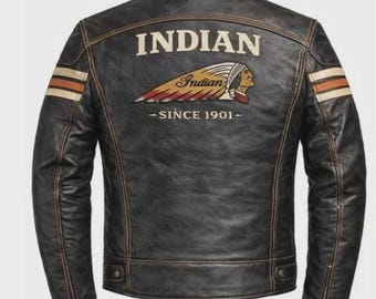 Indian Motorcycle Vintage Leather Jacket – Distressed Biker Racing Jacket – Retro Cafe Racer Coat