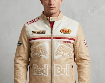 Red Bull Racing Motorcycle Jacket, Genuine Cowhide Leather , Beige Cafe Racer Jacket Moto Gear.