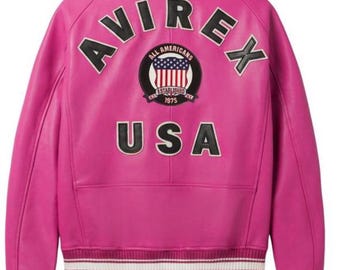 Avirex Pink Leather Bomber Jacket, Vintage Varsity Jacket Oversized Streetwear Biker,