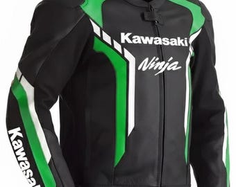 Kawasaki Ninja Leather Motorcycle Racing Biker Jacket, Motorbike Riding Gear, Sport Bike Rider Jacket