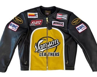 Vanson Leathers Racing Jacket, Black Yellow Biker Jacket, Retro Moto Riding Coat, Motorsport Streetwear.