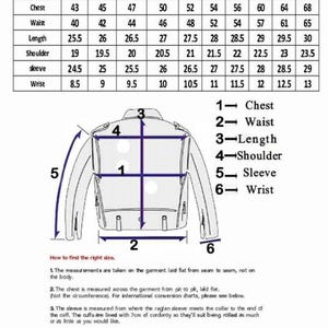 May include: A size chart for men's jackets, with measurements in inches for chest, waist, length, shoulder, sleeve, and wrist. Includes a diagram of a jacket with numbered measurement points and instructions on how to measure.