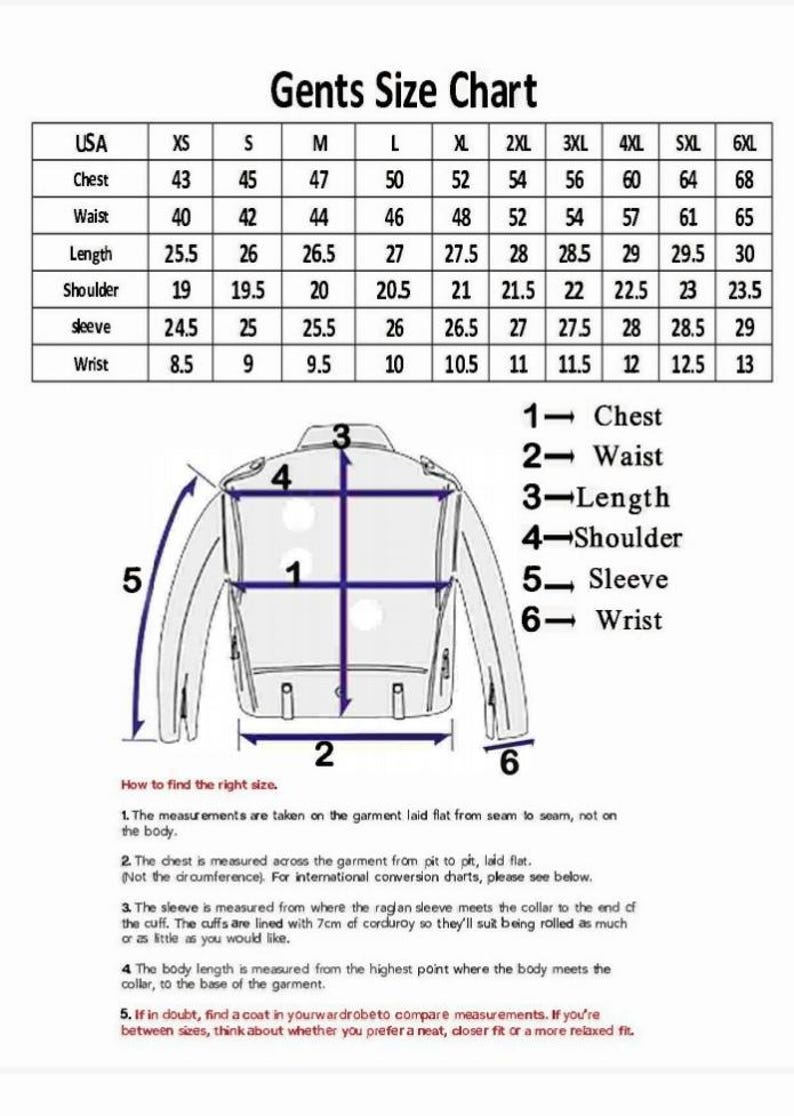 May include: A size chart for men's jackets, with measurements in inches for chest, waist, length, shoulder, sleeve, and wrist. Includes a diagram of a jacket with numbered measurement points and instructions on how to measure.